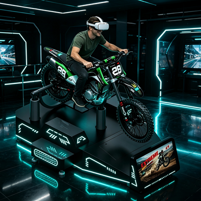 Ekstremne doświadczenie off-road, komercyjna gra motocyklowa VR dla jednego gracza z synchronizowanym sprzężeniem zwrotnym ruchu